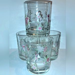 4 limited edition, retired Avon rose and ribbon glasses